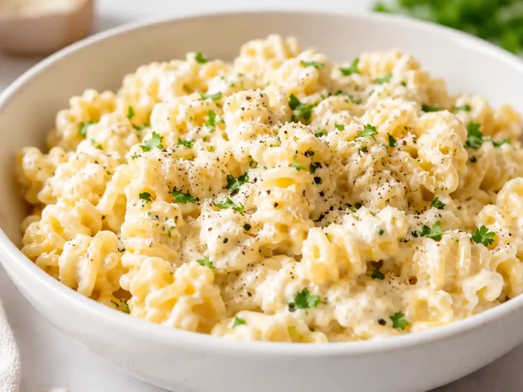 Close-up of creamy blended cottage cheese pasta sauce coating pasta