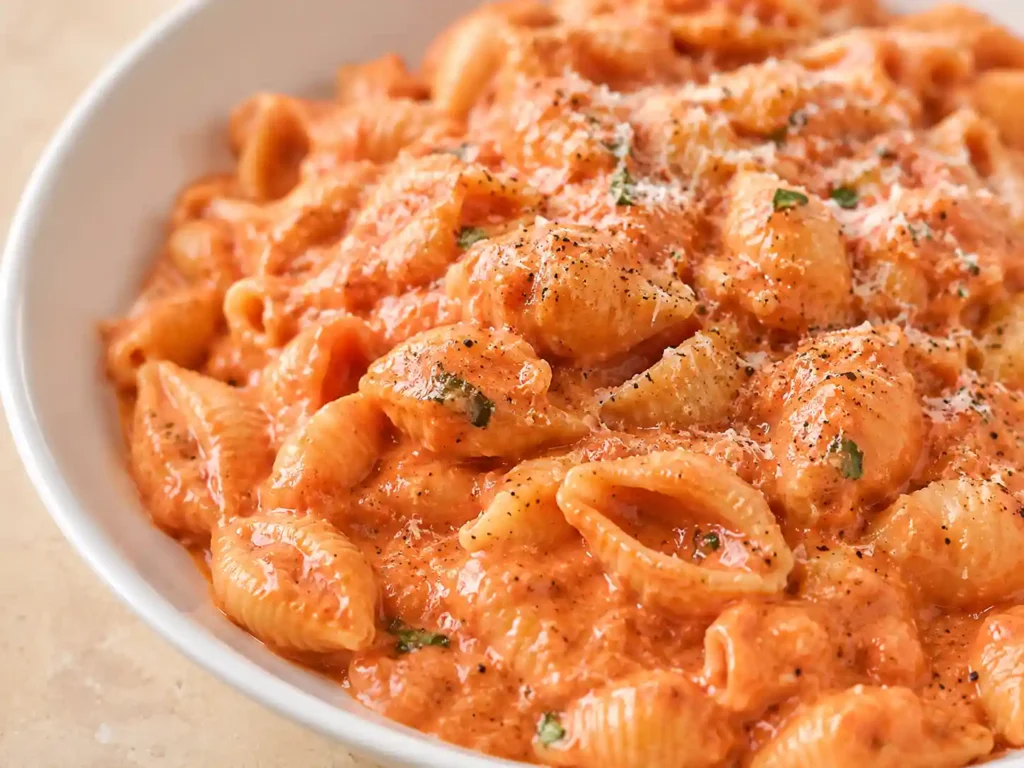 Close-up of creamy cottage cheese tomato sauce coating pasta shells with parmesan and black pepper.