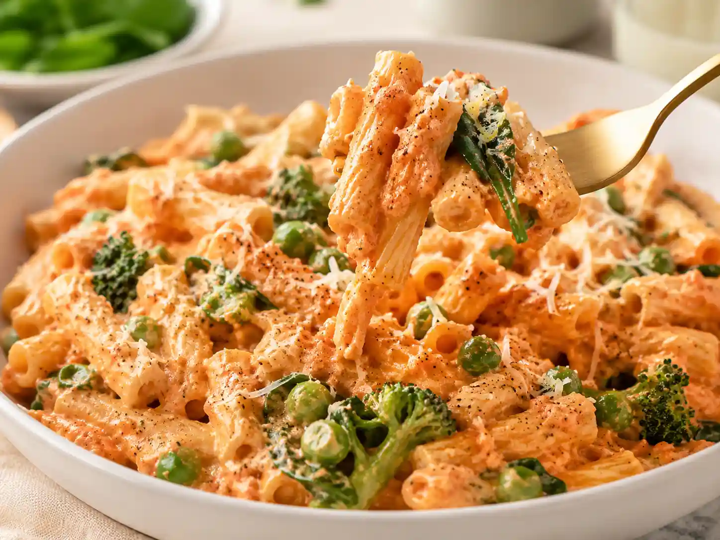Close-up of creamy cottage cheese pasta with smooth marinara sauce coating short pasta