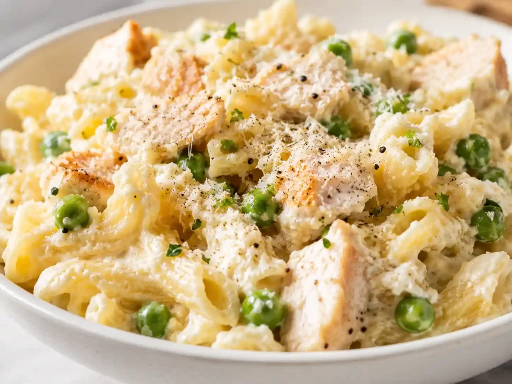 Close-up of creamy cottage cheese protein pasta with chicken peas parmesan and black pepper