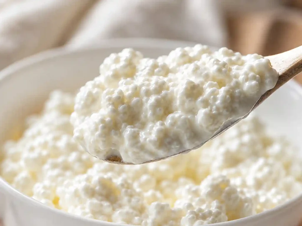 Sharp close-up of creamy cottage cheese texture in a spoon