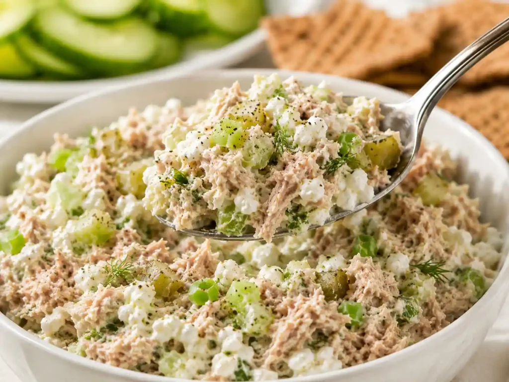 Close-up of creamy cottage cheese tuna salad with flaky tuna, celery, pickles, herbs, and black pepper.