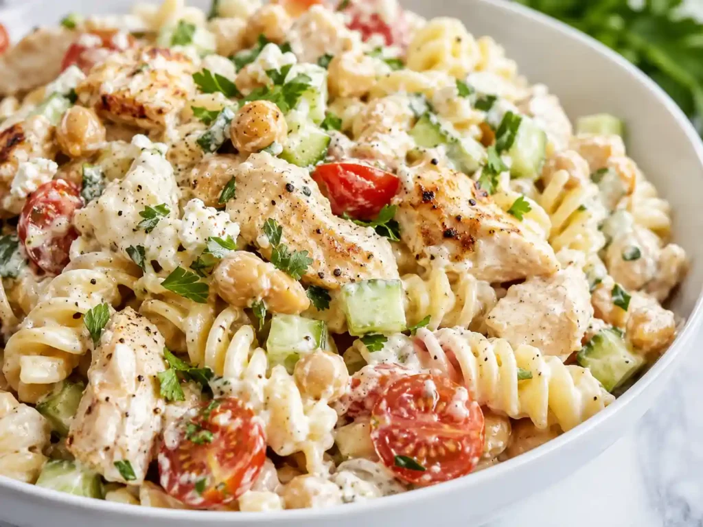 Close-up of creamy high-protein pasta salad with rotini, chicken, chickpeas, cucumber, tomatoes, herbs, and Greek yogurt dressing