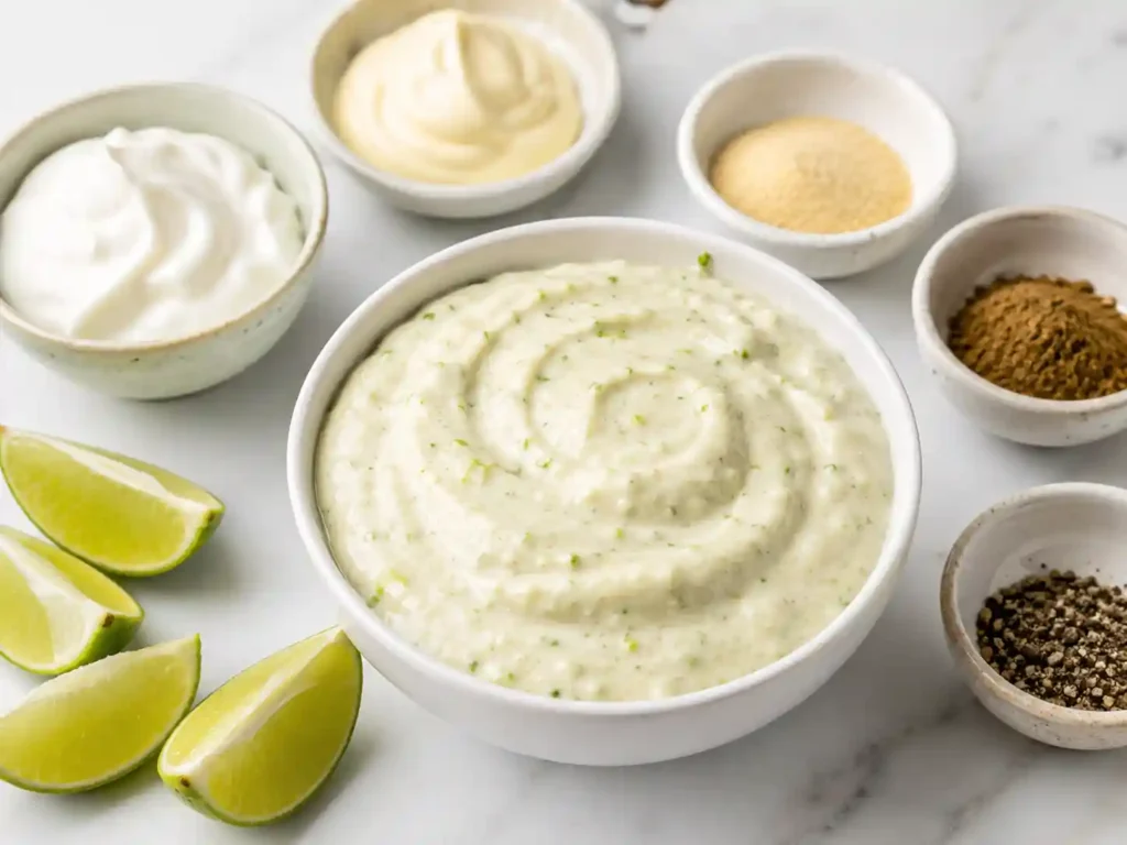 Creamy lime sauce in a small bowl for grilled chicken rice bowls.