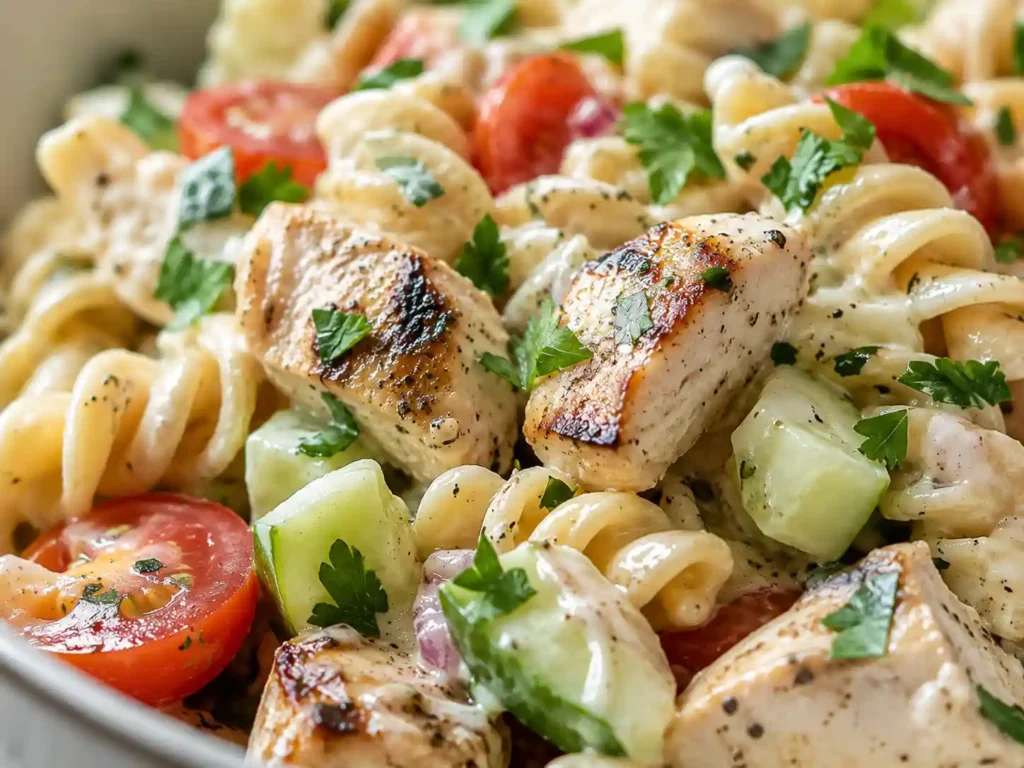 Close-up of creamy protein pasta salad with chicken, rotini, cucumber, tomatoes, herbs, and Greek yogurt dressing