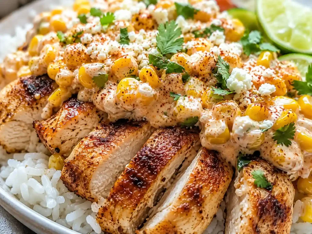 Close-up of creamy street corn topping over seasoned chicken and rice with lime, chili spices, cheese, and cilantro