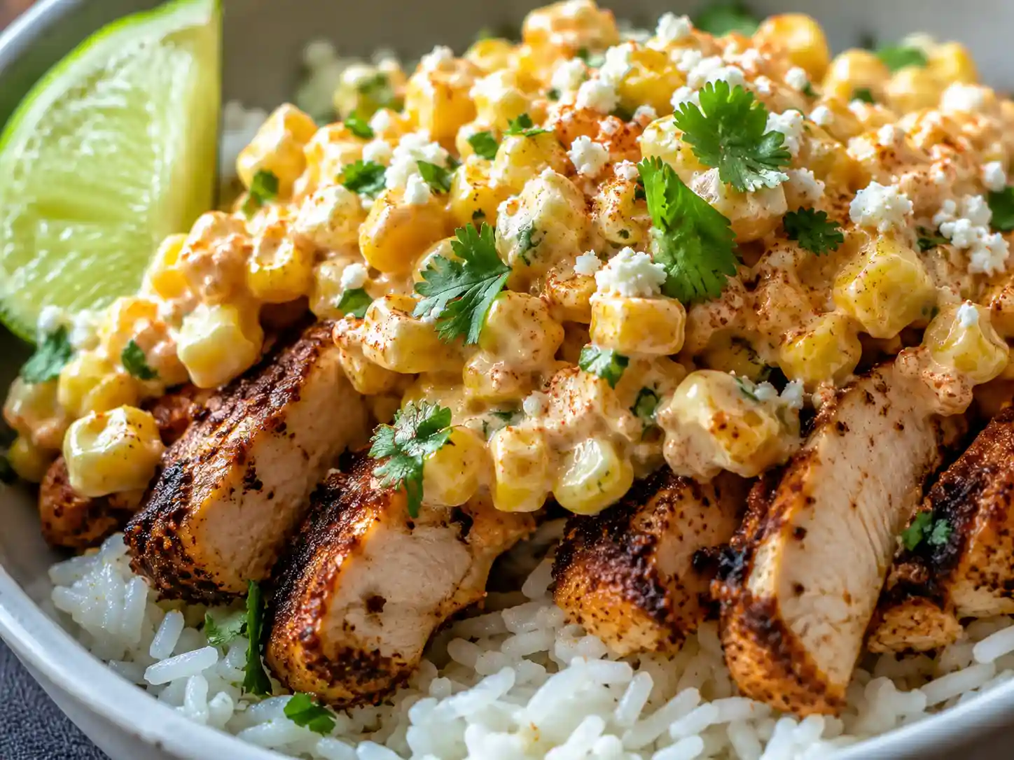 Close-up of creamy street corn topping over chicken and rice with lime, chili seasoning, and fresh herbs