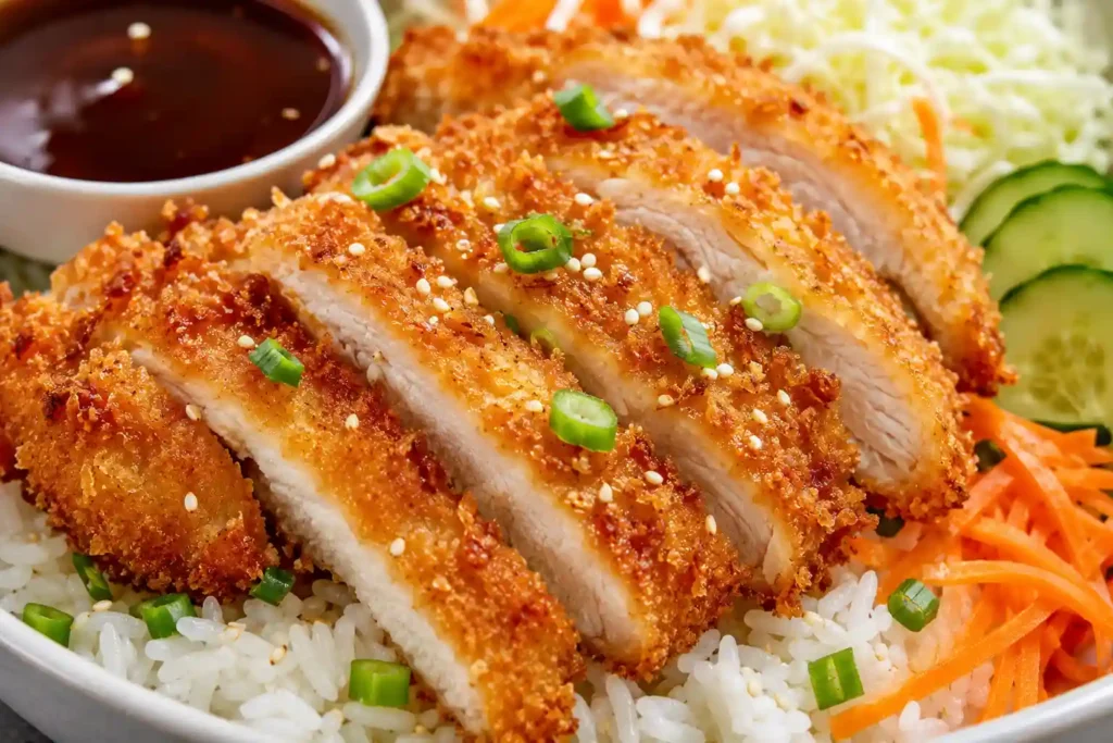 Close-up of crispy chicken katsu slices over rice with cabbage, green onions, sesame seeds, and sauce.