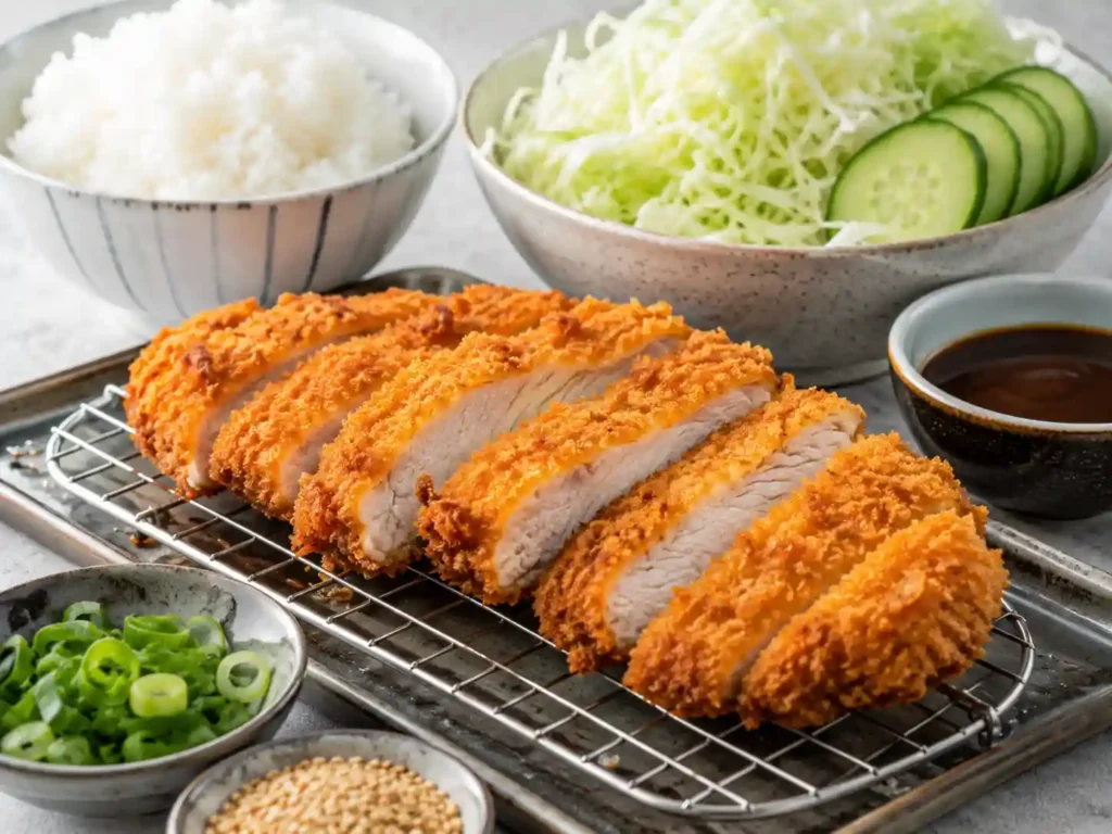 Crispy chicken katsu resting on a wire rack before being sliced for a rice bowl.