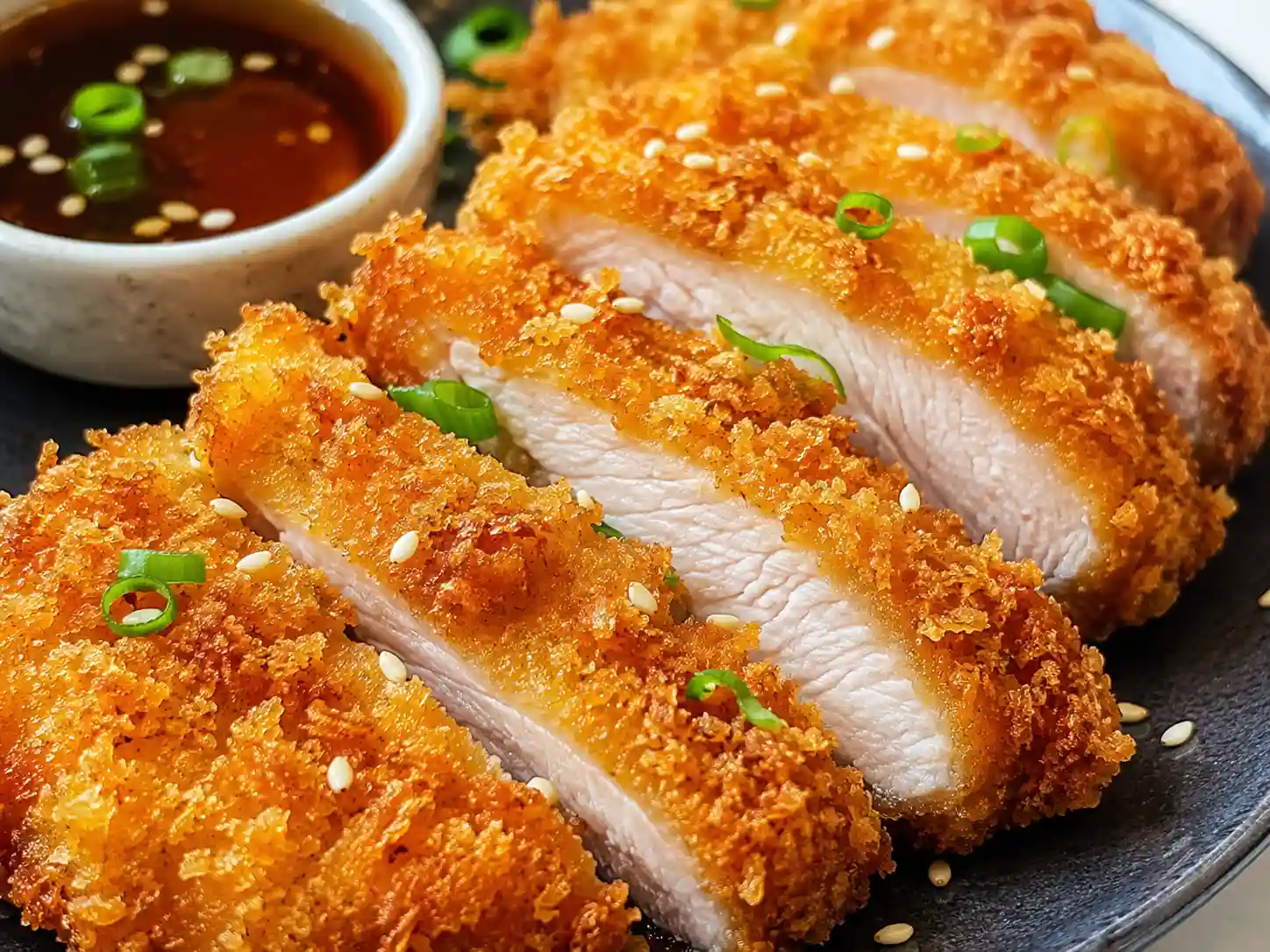 Close-up of sliced crispy panko chicken katsu showing golden crunchy breading and tender chicken inside