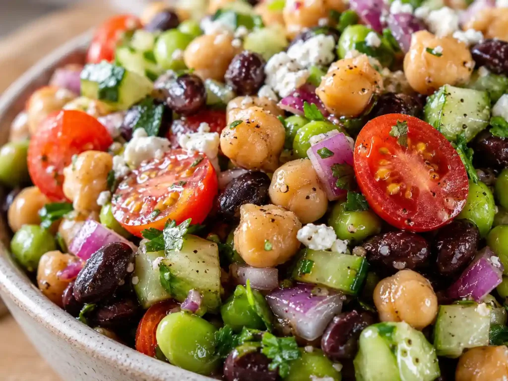 Sharp close-up of dense bean salad with chickpeas, black beans, edamame, cucumber, tomatoes, herbs, feta, and lemon dressing