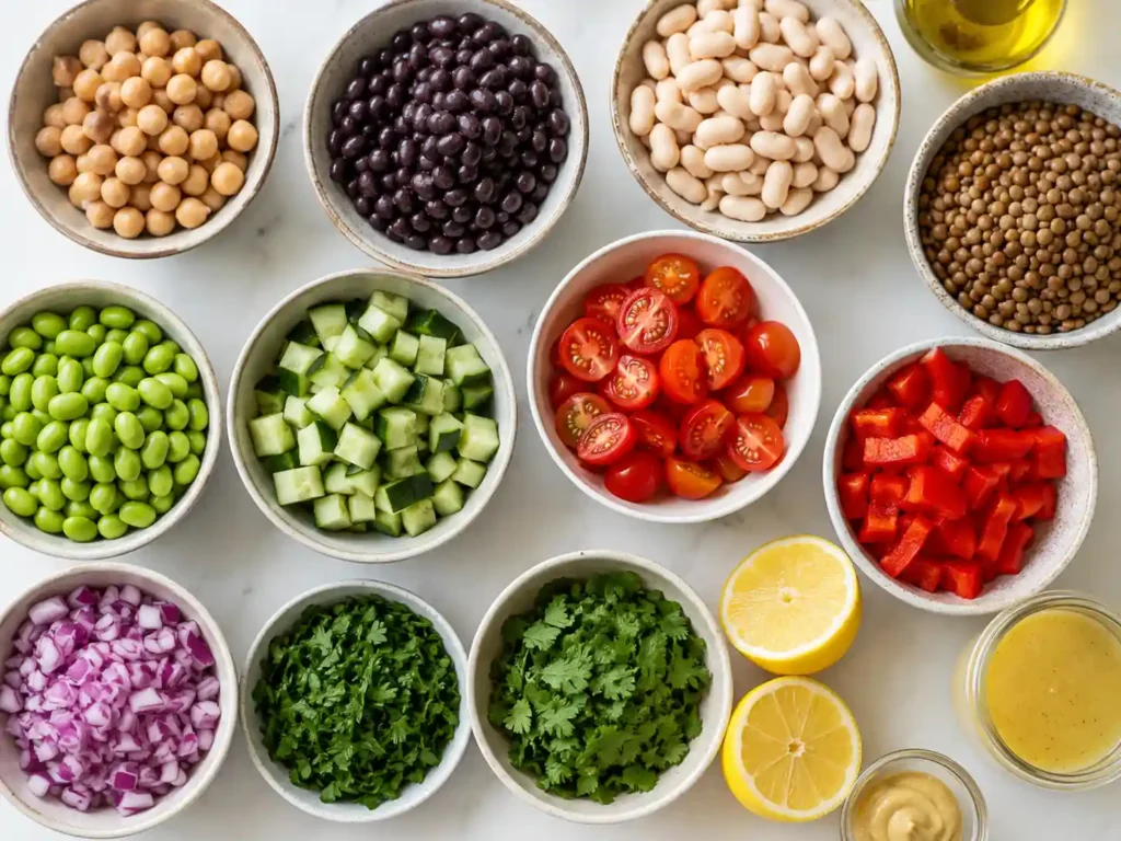 Dense bean salad ingredients including chickpeas, black beans, lentils, edamame, cucumber, tomatoes, herbs, lemon, and dressing