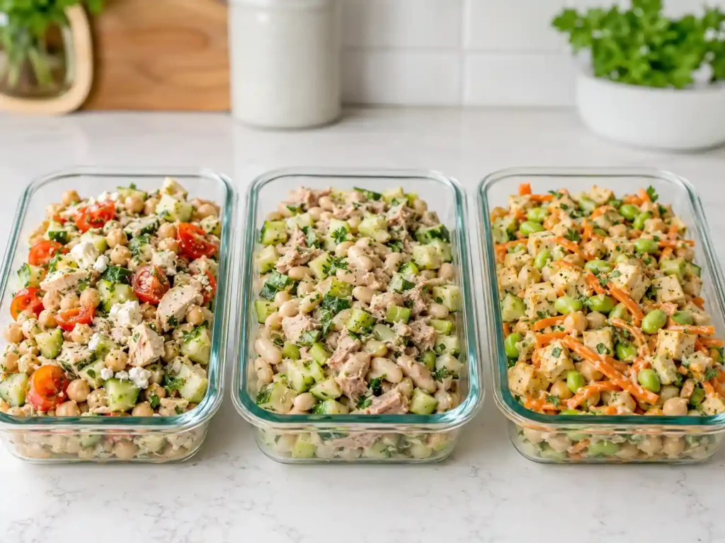 Meal prep containers filled with dense bean salad variations using chickpeas, black beans, tuna, chicken, tofu, vegetables, and herbs