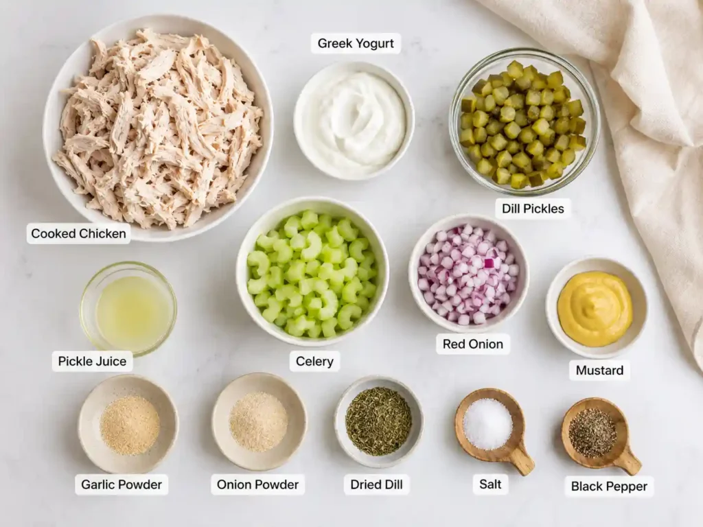 Labeled ingredients for dill pickle chicken salad including cooked chicken, Greek yogurt, dill pickles, pickle juice, celery, red onion, mustard, and seasonings.