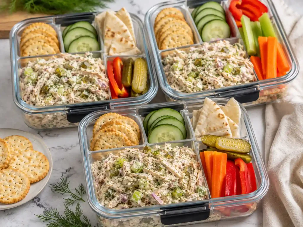 Meal prep containers with dill pickle chicken salad, crackers, vegetables, pita, and pickles for cold lunches.