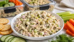 Creamy dill pickle chicken salad meal prep in a white bowl with pickles, celery, crackers, and fresh vegetables.