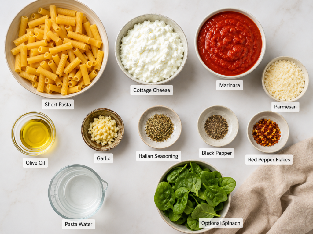 Labeled ingredients for cottage cheese pasta sauce including pasta, cottage cheese, marinara, parmesan, garlic, seasonings, olive oil, and pasta water.