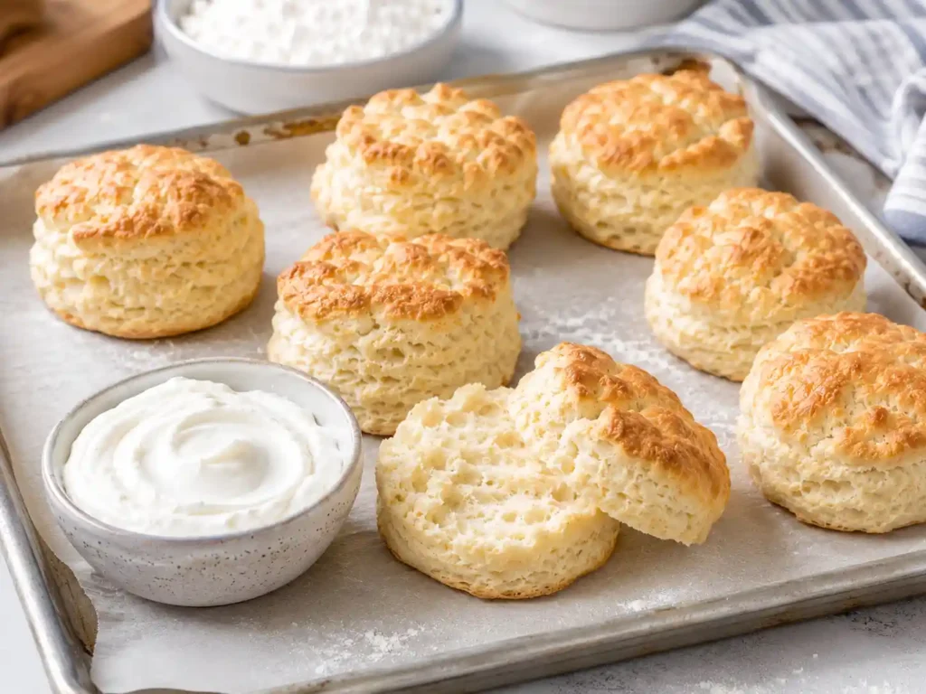 Fluffy Greek yogurt protein biscuits on a baking sheet