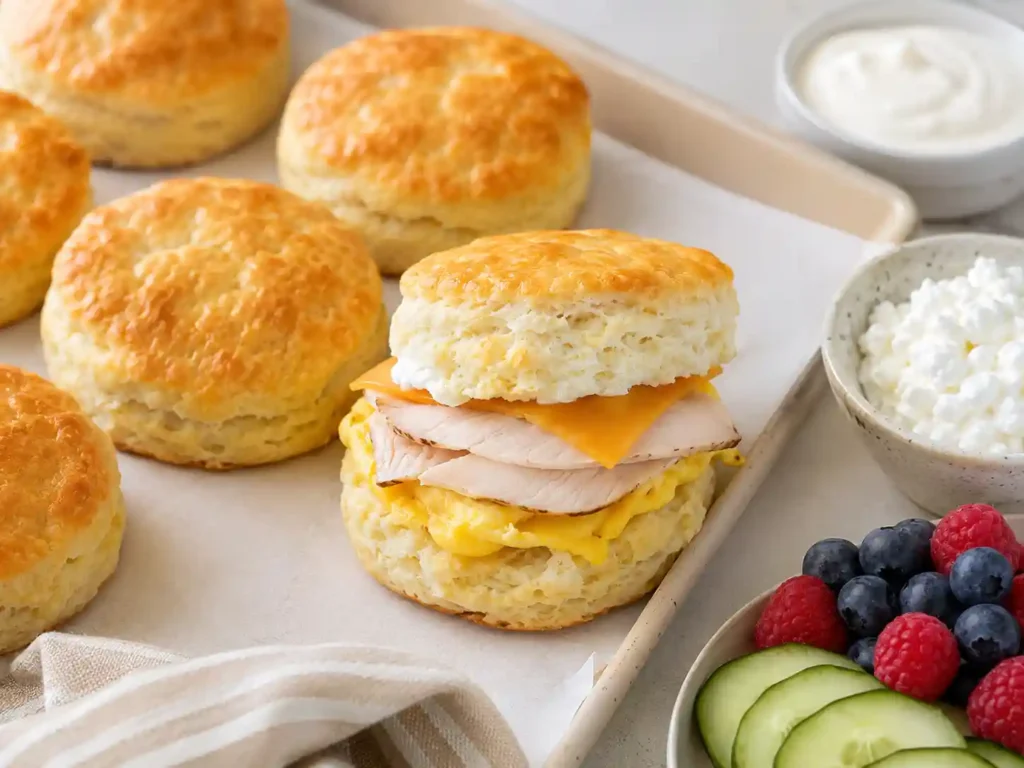 Easy high protein Greek yogurt biscuits with egg, turkey, cottage cheese, berries, and breakfast meal prep sides