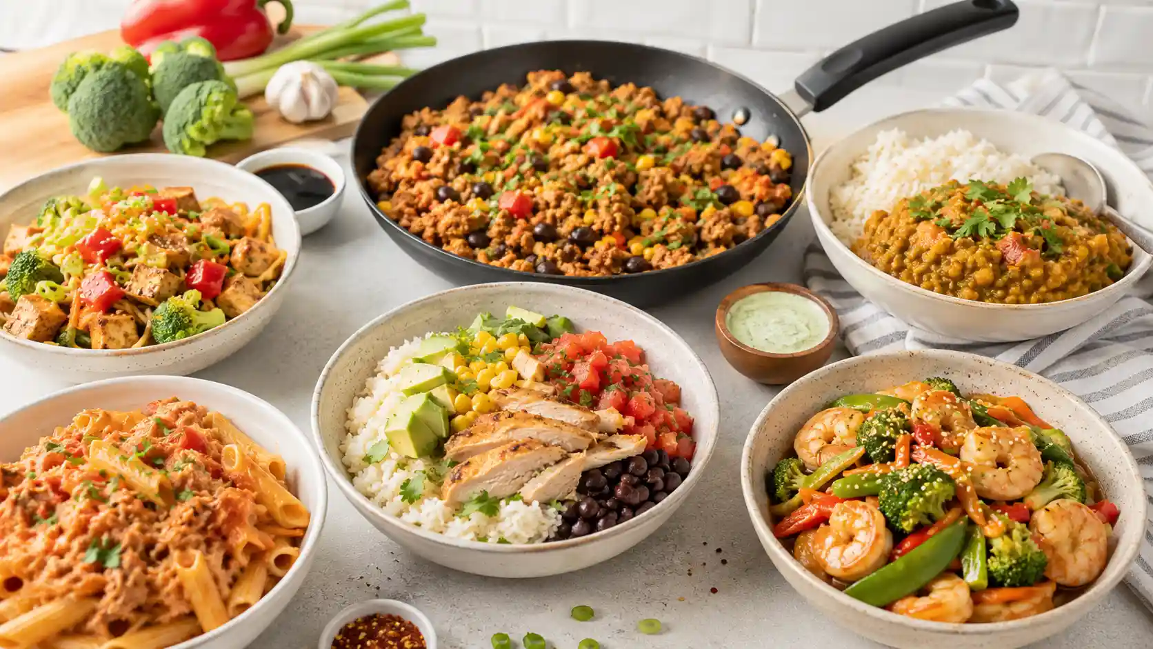 Easy protein dinner ideas with chicken bowls turkey skillet tuna pasta shrimp stir fry and lentil curry