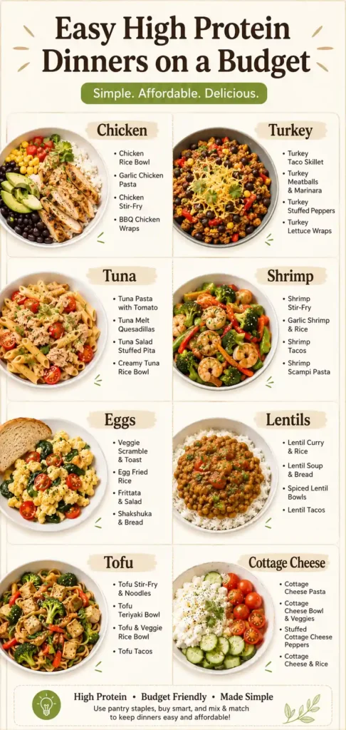 Chart of easy protein dinner ideas with chicken turkey tuna shrimp lentils eggs tofu and cottage cheese