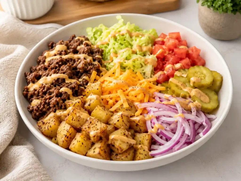 Finished burger bowl with seasoned ground beef, roasted potatoes, lettuce, tomatoes, pickles, red onion, and creamy burger sauce.