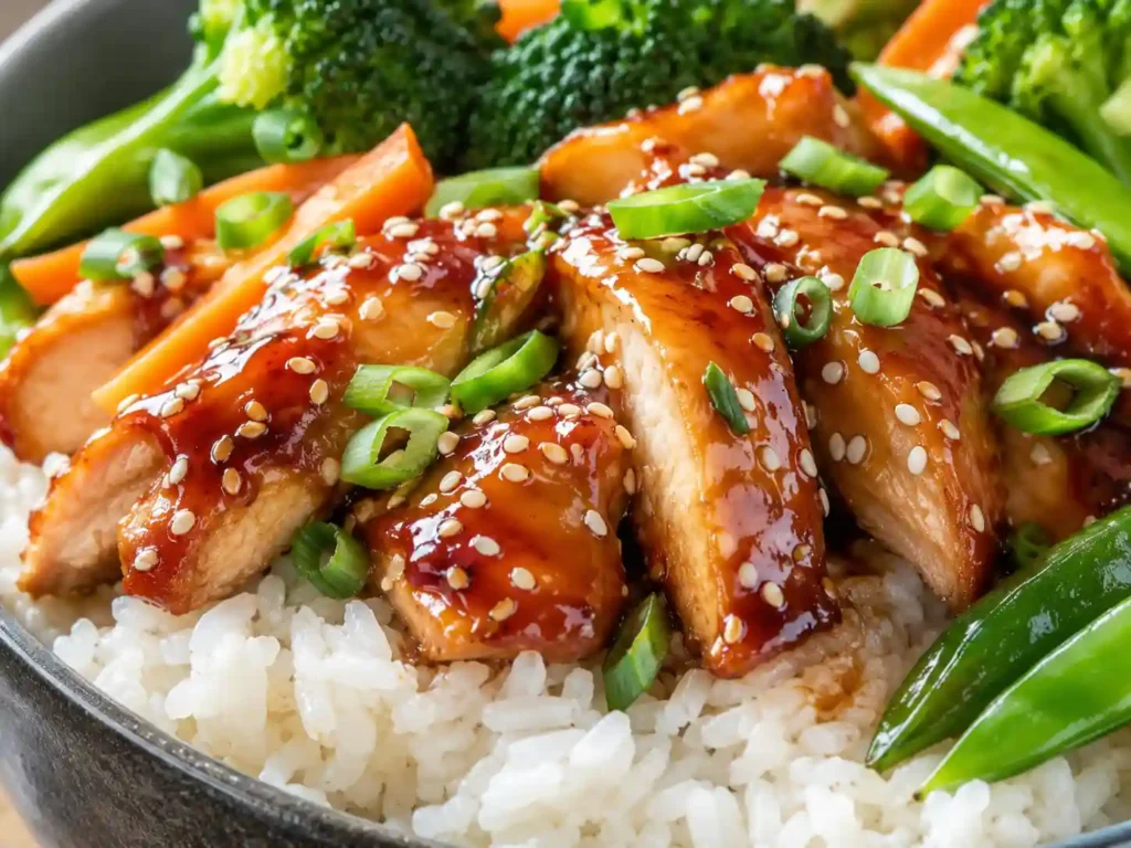 Close-up of glossy sticky chicken over fluffy rice with sesame seeds, green onions, and vegetables.
