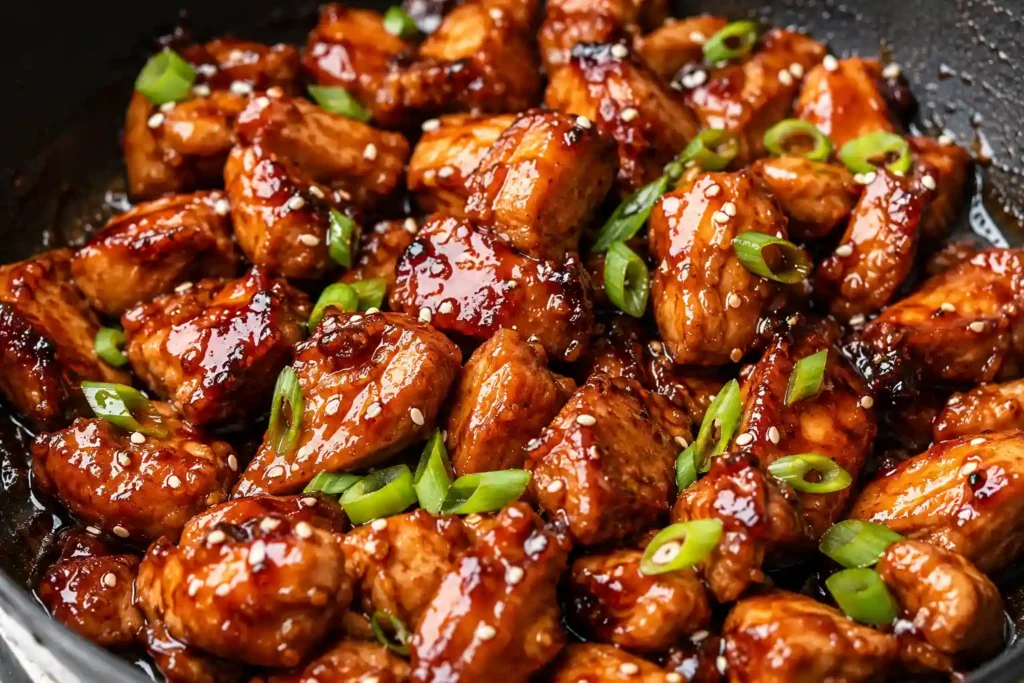 Sticky chicken sauce thickening in a skillet with chicken pieces coated in glossy sauce.