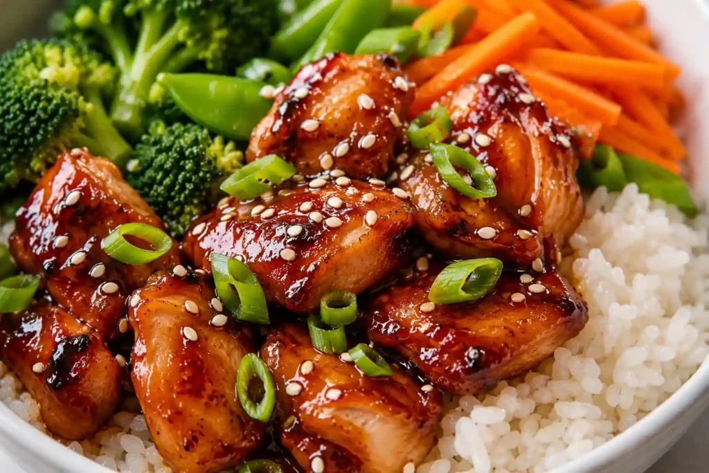 Close-up of glossy teriyaki chicken over fluffy rice with sesame seeds, green onions, and vegetables.