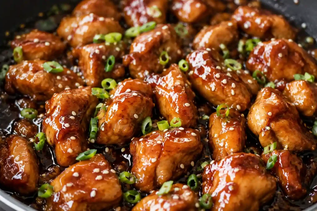 Teriyaki chicken sauce thickening in a skillet with chicken pieces coated in glossy sauce.
