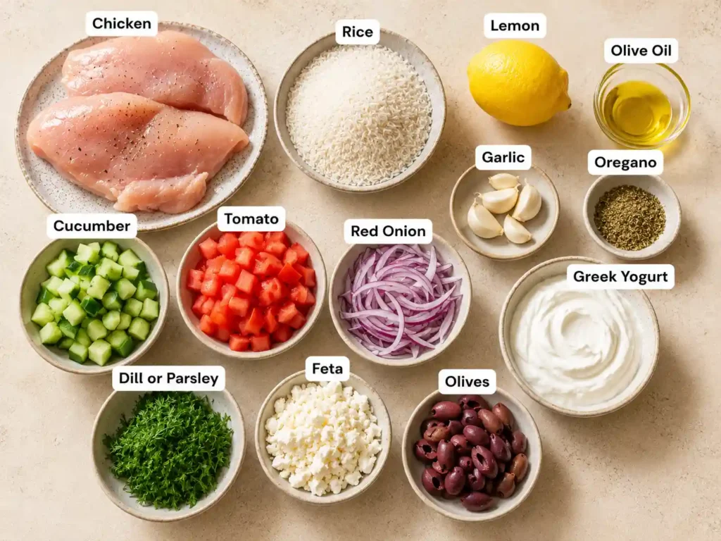 Labeled ingredients for Greek chicken rice bowls including chicken, rice, lemon, oregano, garlic, cucumber, tomato, red onion, yogurt, herbs, feta, and olives.