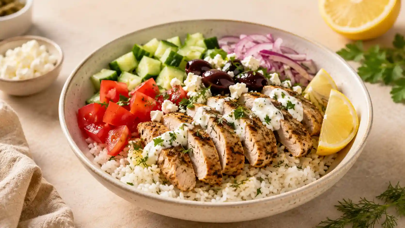 Greek chicken rice bowl with lemon oregano chicken, rice, cucumber, tomato, red onion, herbs, and yogurt sauce.