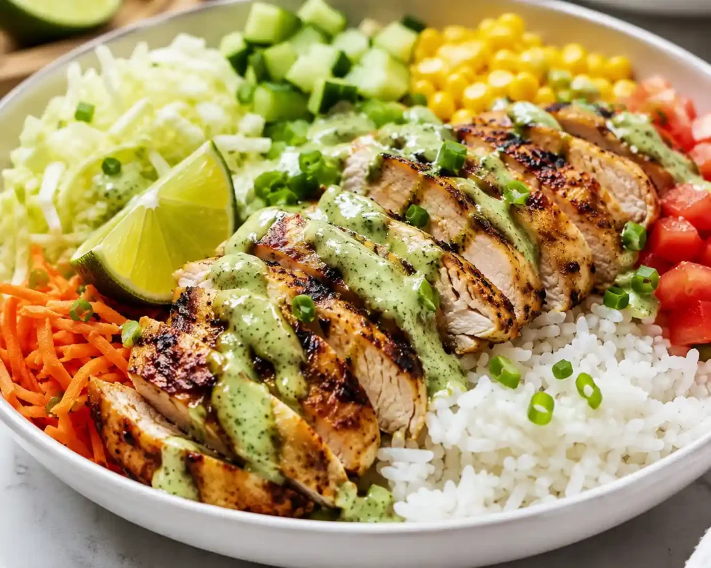 Close-up of grilled chicken rice bowl with sliced chicken, rice, vegetables, and creamy lime sauce.