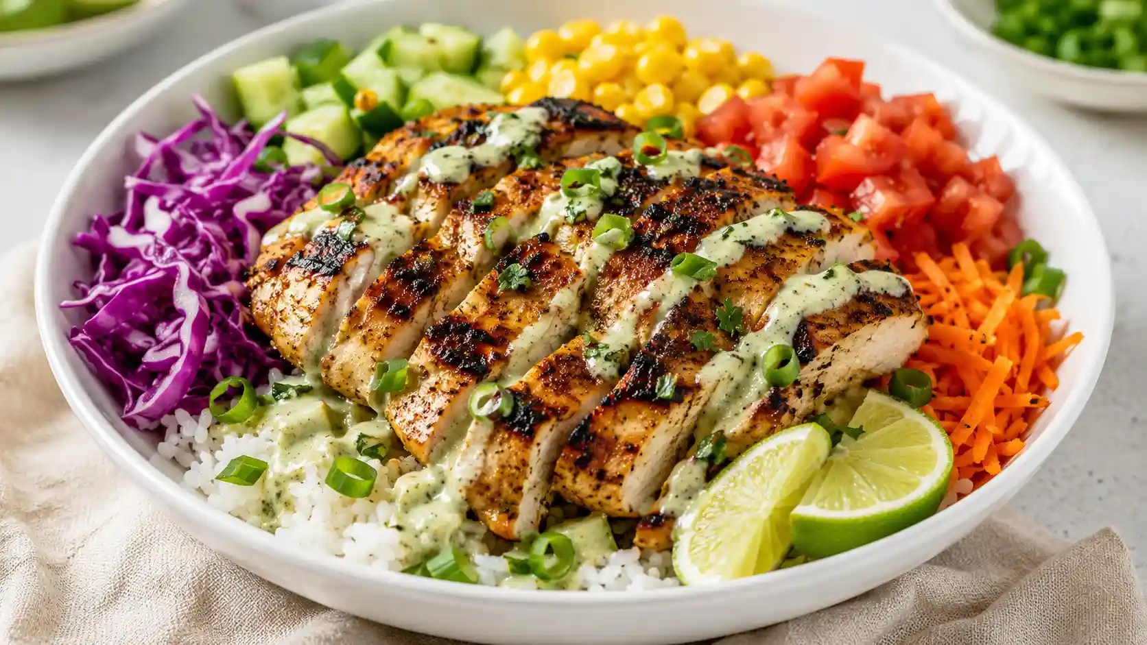 Grilled chicken rice bowl with rice, fresh toppings, and creamy lime sauce.