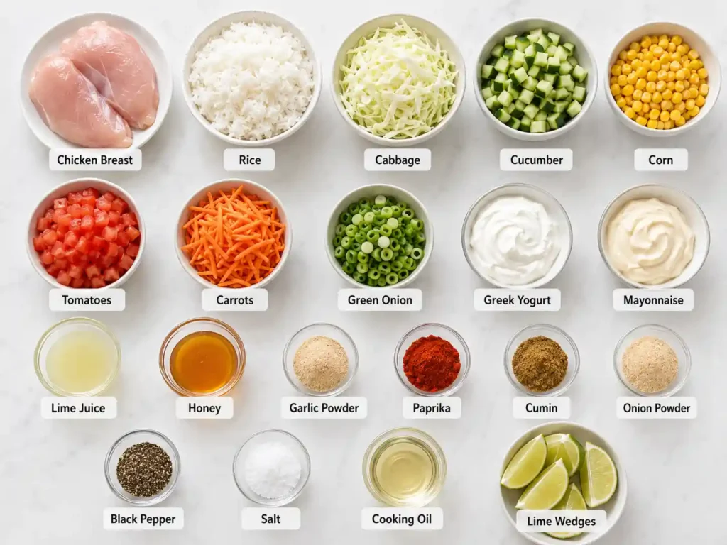 Labeled ingredients for grilled chicken rice bowls including chicken, rice, vegetables, spices, and creamy lime sauce ingredients.
