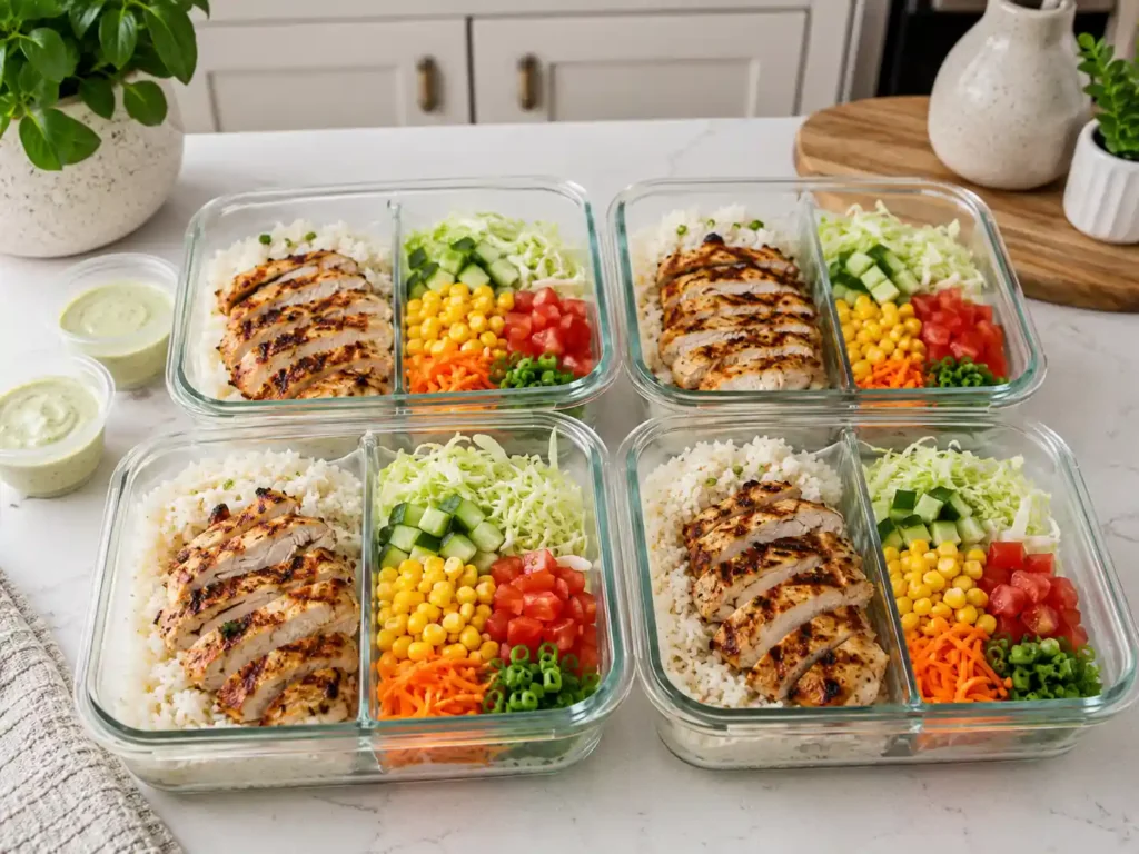 Grilled chicken rice bowl meal prep containers with chicken, rice, vegetables, and sauce stored separately.