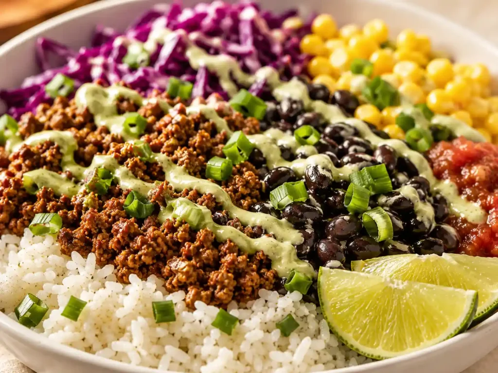 Close-up of a ground beef protein bowl with seasoned beef, rice, beans, corn, cabbage, and creamy lime sauce