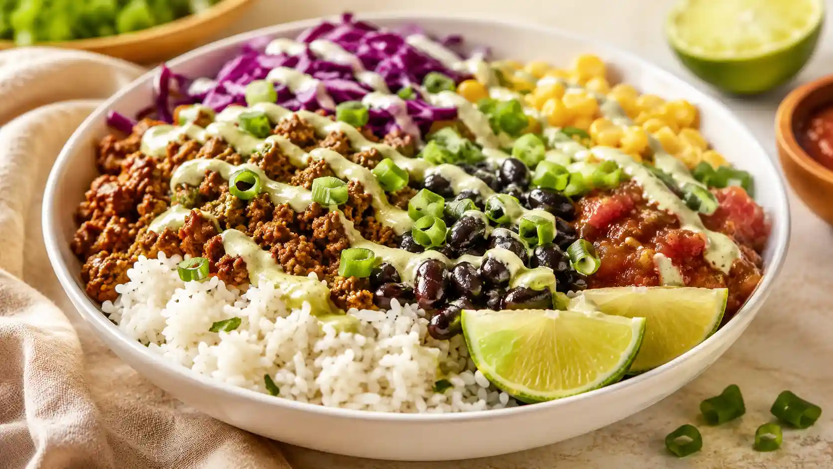 Ground beef protein bowl with rice, beans, corn, cabbage, lime sauce, and fresh toppings