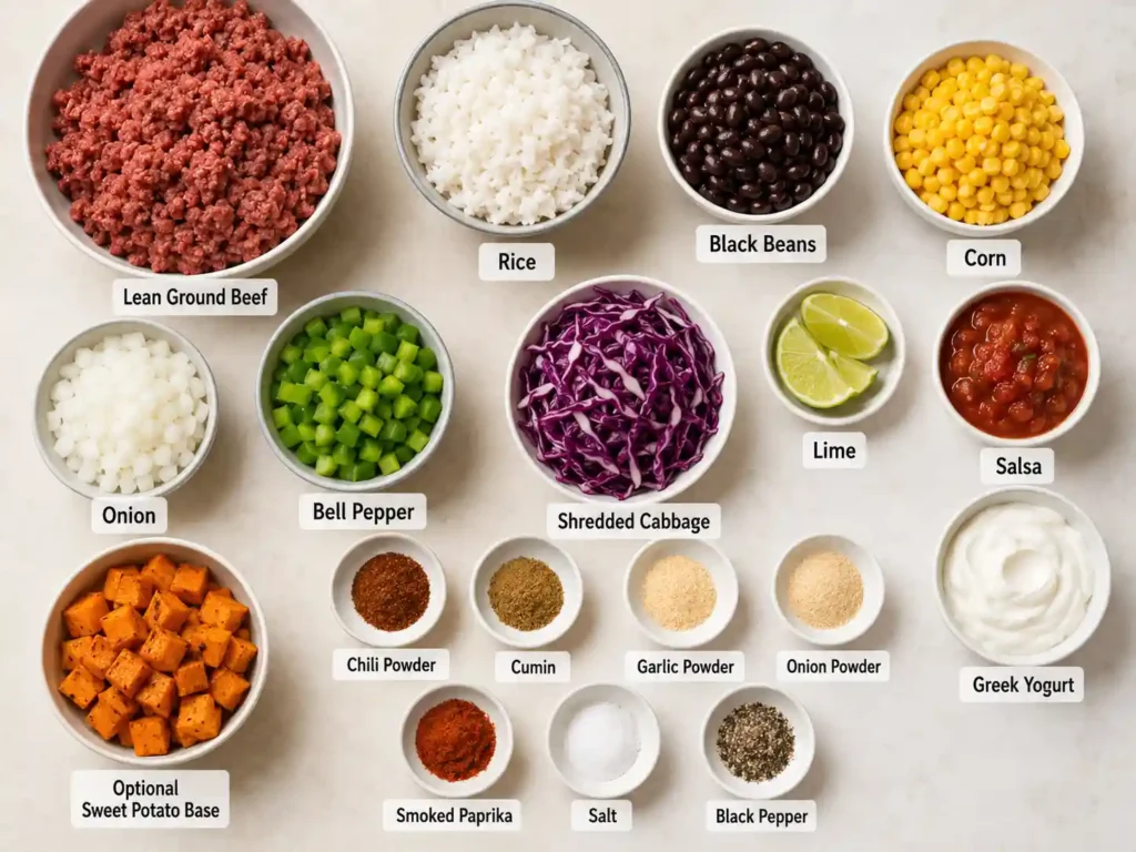 Labeled ingredients for a ground beef protein bowl including beef, rice, beans, corn, vegetables, lime, and sauce