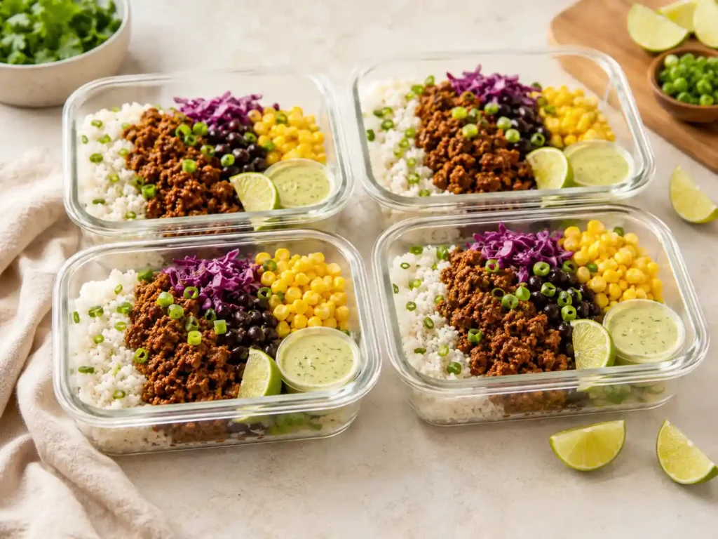 Meal prep containers with ground beef protein bowls, rice, beans, corn, cabbage, and separate sauce cups