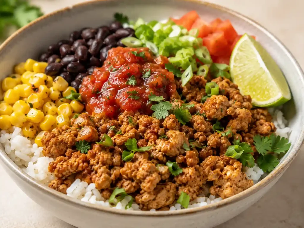 Close-up of a ground chicken rice bowl with browned ground chicken, rice, corn, black beans, salsa, lime, and fresh toppings.