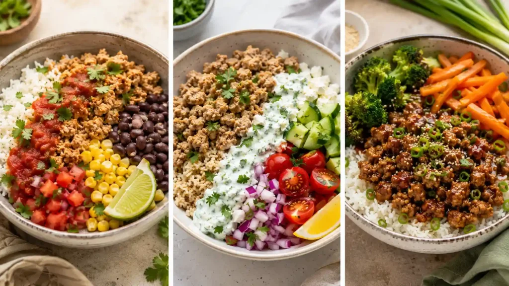 Three ground chicken bowl ideas with rice, vegetables, sauces, and fresh toppings.
