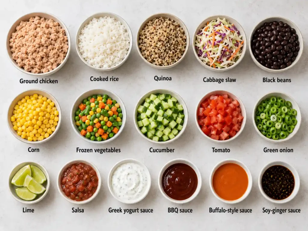 Labeled ingredients for ground chicken bowls including ground chicken, rice, vegetables, beans, sauces, and toppings.