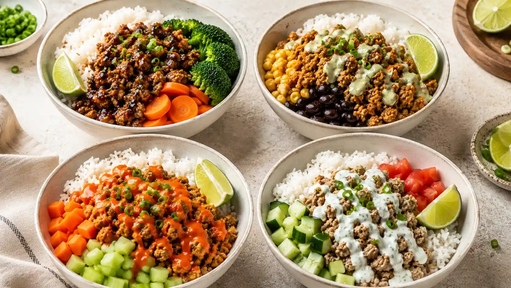 Several ground chicken rice bowl recipes with rice, vegetables, sauces, and fresh toppings