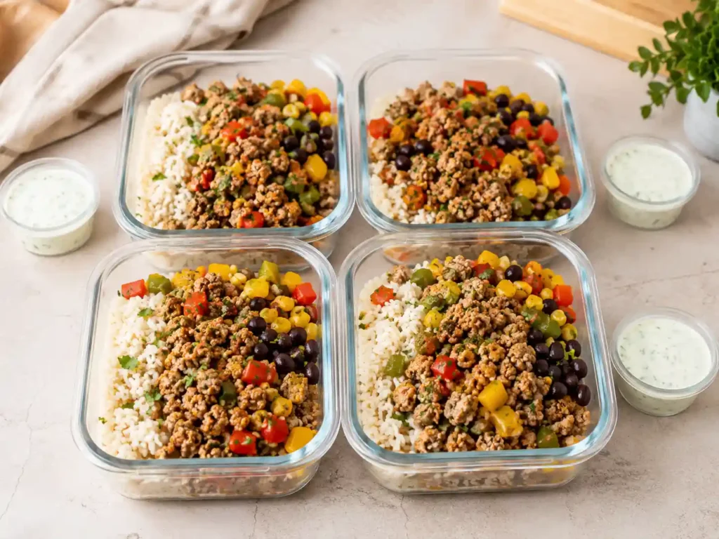 Four meal prep containers filled with ground turkey, rice, beans, corn, peppers, and sauce on the side.