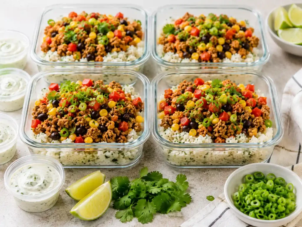 Four meal prep containers filled with rice, seasoned ground turkey, black beans, corn, peppers, and separate lime sauce cups.
