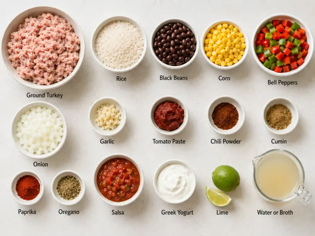 Labeled ingredients for ground turkey meal prep bowls including rice, ground turkey, black beans, corn, peppers, salsa, Greek yogurt, lime, and spices.