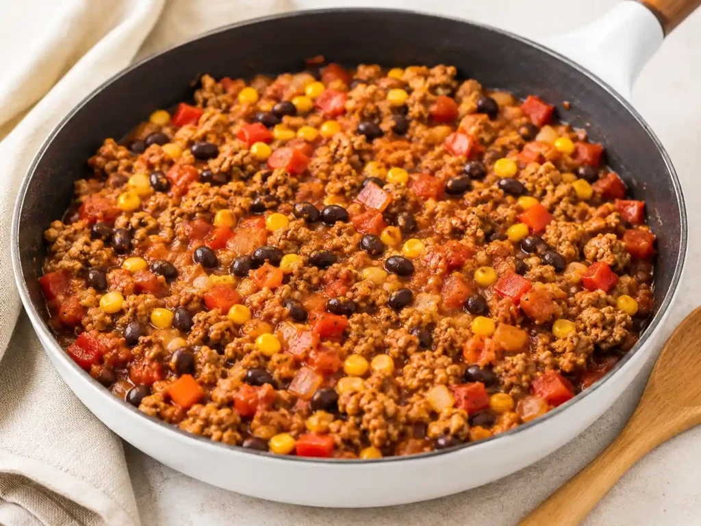Seasoned ground turkey cooking in a skillet with black beans, corn, bell peppers, salsa, and spices.
