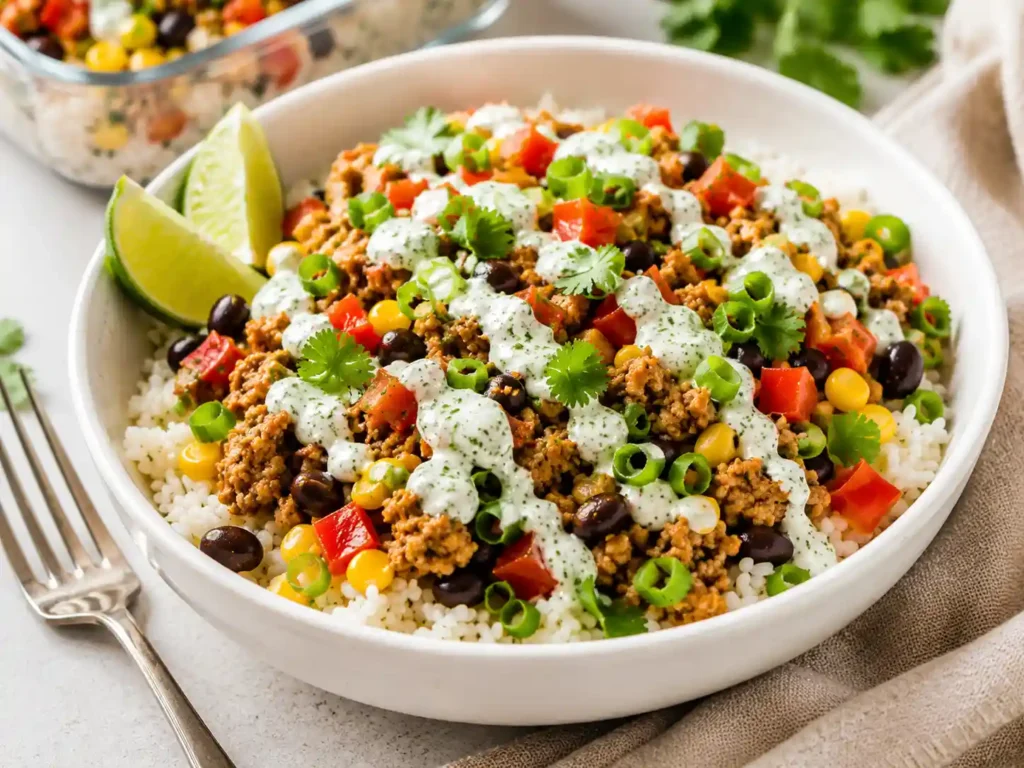 Close-up of a ground turkey meal prep bowl showing seasoned turkey, fluffy rice, beans, corn, peppers, and creamy lime sauce.