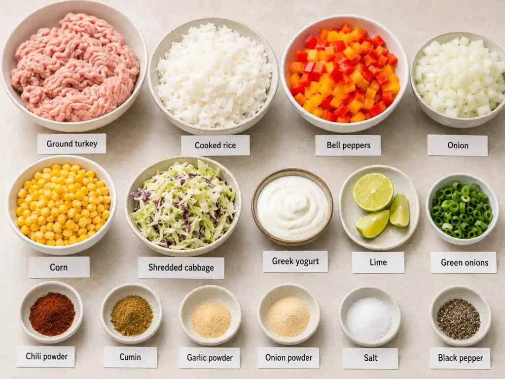 Labeled ingredients for ground turkey rice bowl including turkey, rice, vegetables, spices, yogurt, and lime